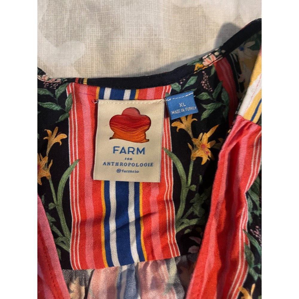 Farm Rio for Anthropologie Tropical Floral Striped Wrap Blouse Navy XL - Picture 4 of 15